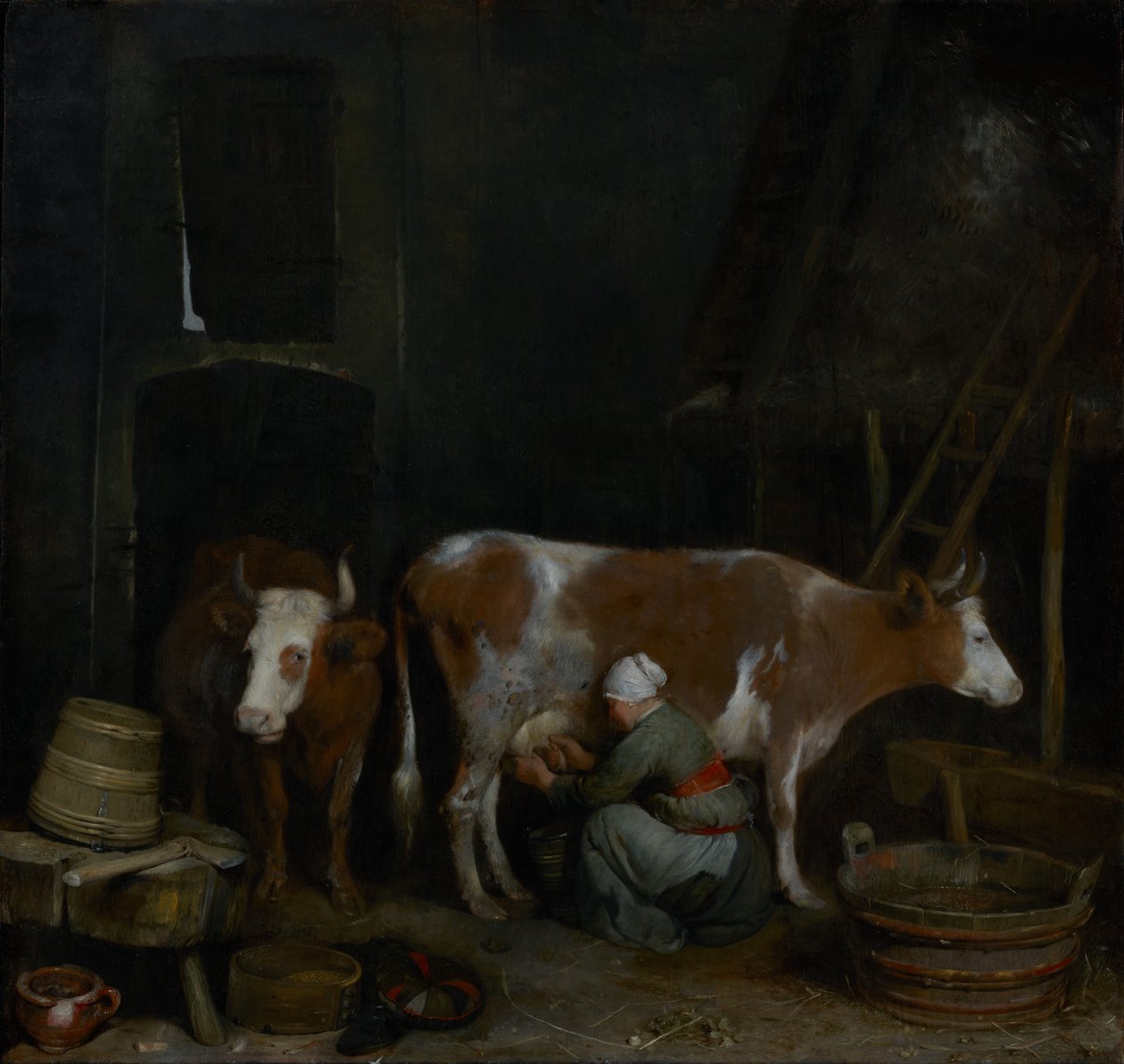 Una criada ordeñando una vaca en un establo de Gerard ter Borch