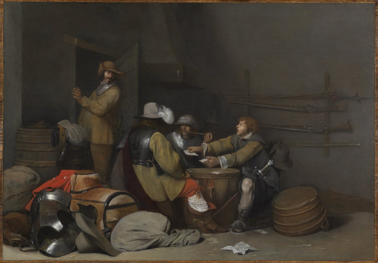 Interior del cuerpo de guardia con soldados fumando y jugando a las cartas de Gerard ter Borch