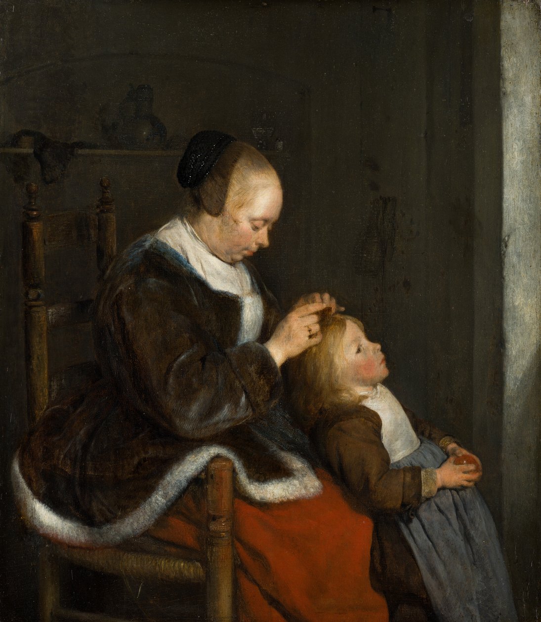 Una madre que le quita los piojos a su hijo de Gerard ter Borch