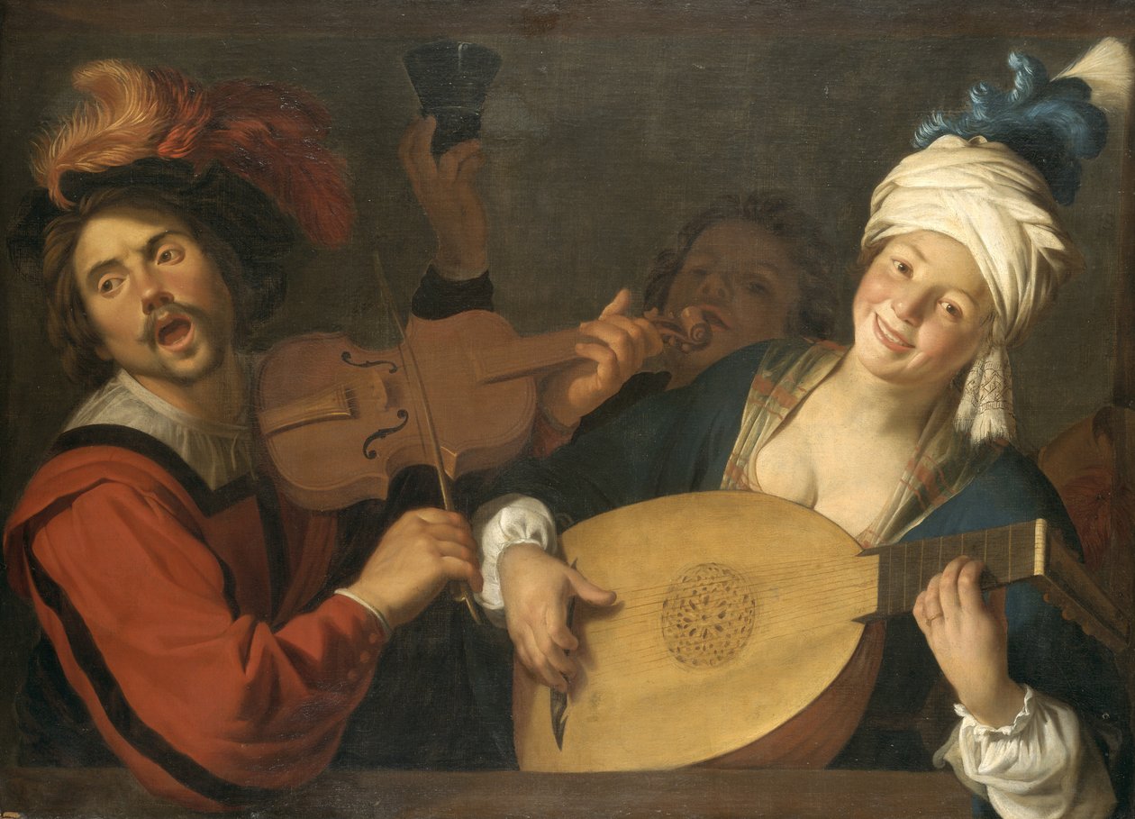 Francés:  Le Concert Pareja haciendo música detrás de una balaustrada de Gerard van Honthorst