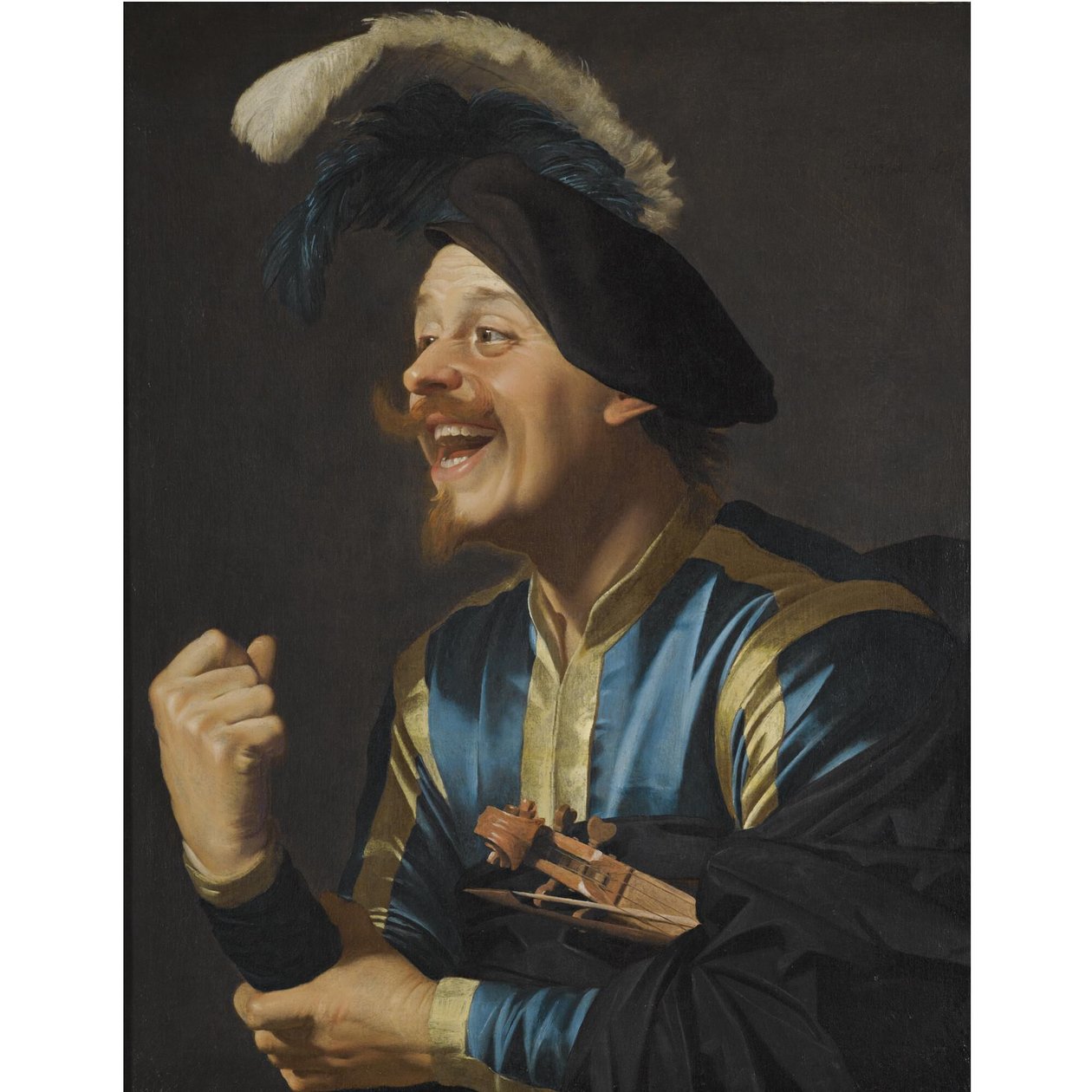 Músico risueño con un violín bajo el brazo de Gerard van Honthorst