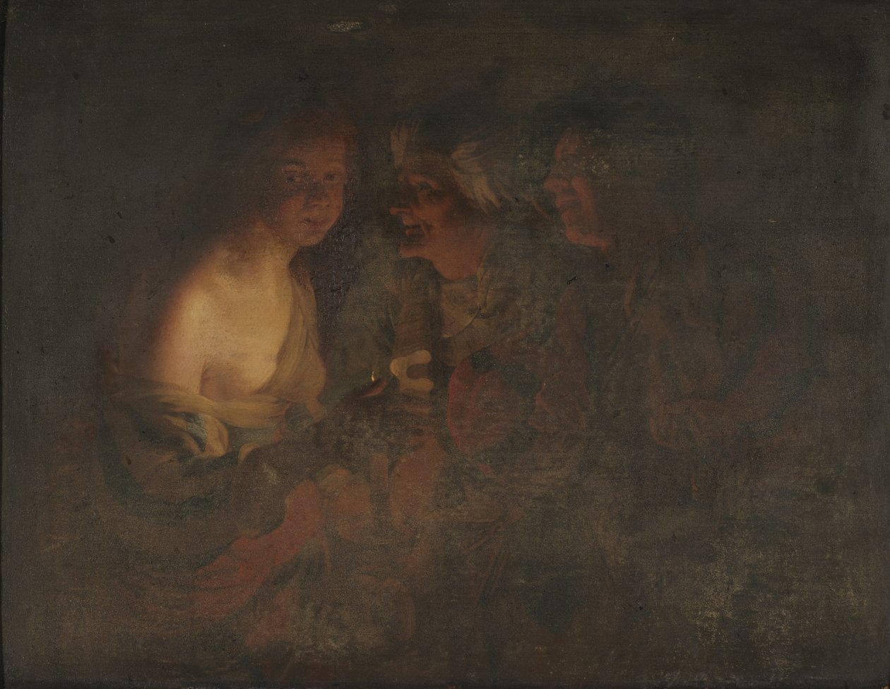 Joven con candelabro, anciana y violinista de Gerard van Honthorst