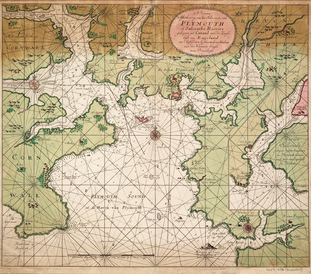 Carta del estrecho de Plymouth, extraída de la carta del Canal de la Mancha de Greenville Collins de 1693. de Gerard van Keulen