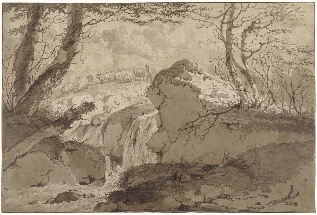 Paisaje de montaña con una cascada entre árboles, junto a la cual un pastor alimenta su rebaño de Gerard van Nijmegen