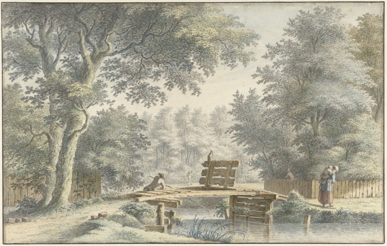 Paisaje con un puente en el que se encuentra un pescador de Gerard van Rossum
