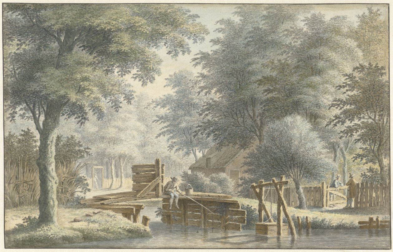 Paisaje con un puente en el que se encuentra un pescador de Gerard van Rossum