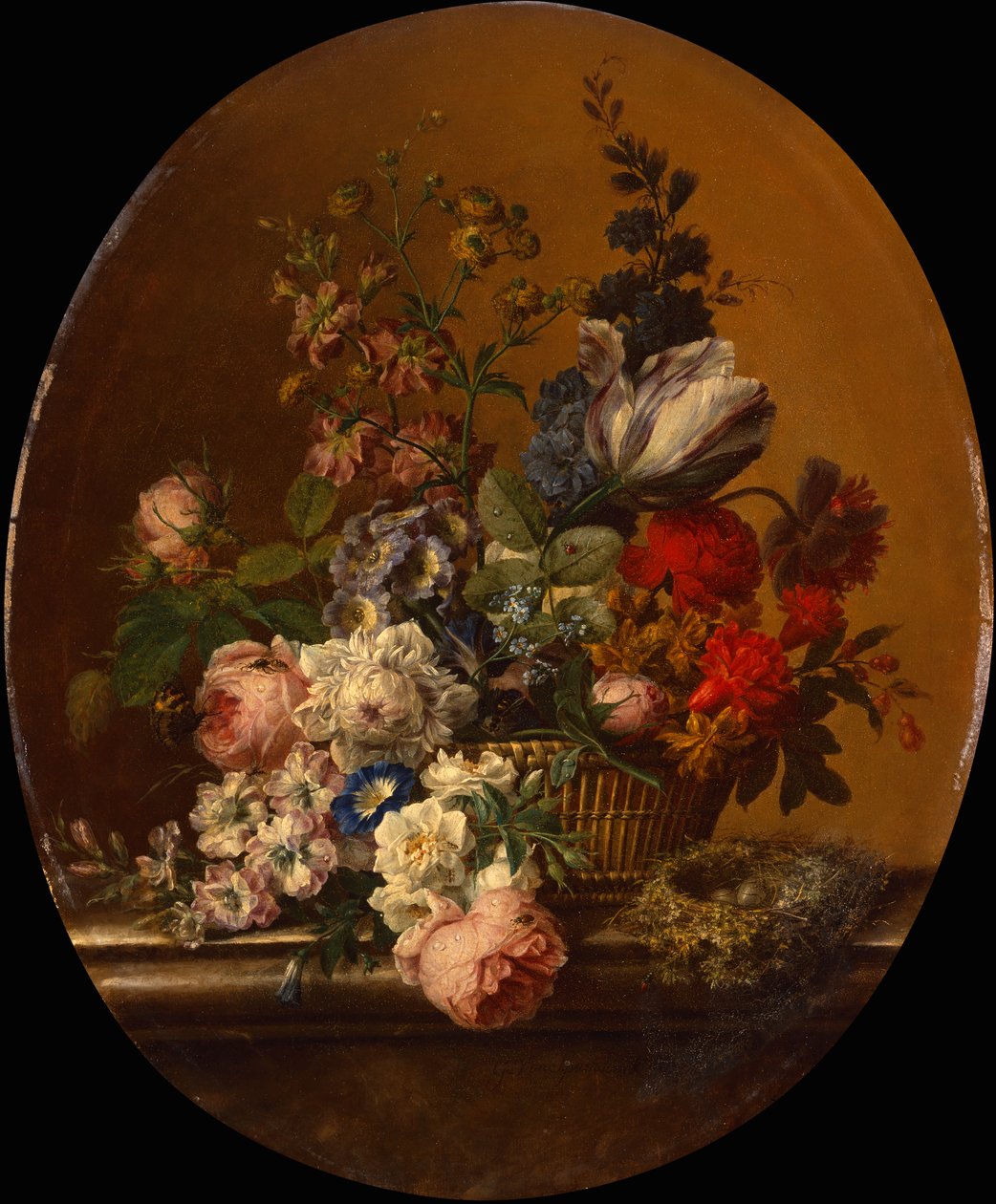Bodegón de flores en una cesta con un nido de acentor común en una cornisa de piedra (óleo sobre lienzo) de Gerard van Spaendonck