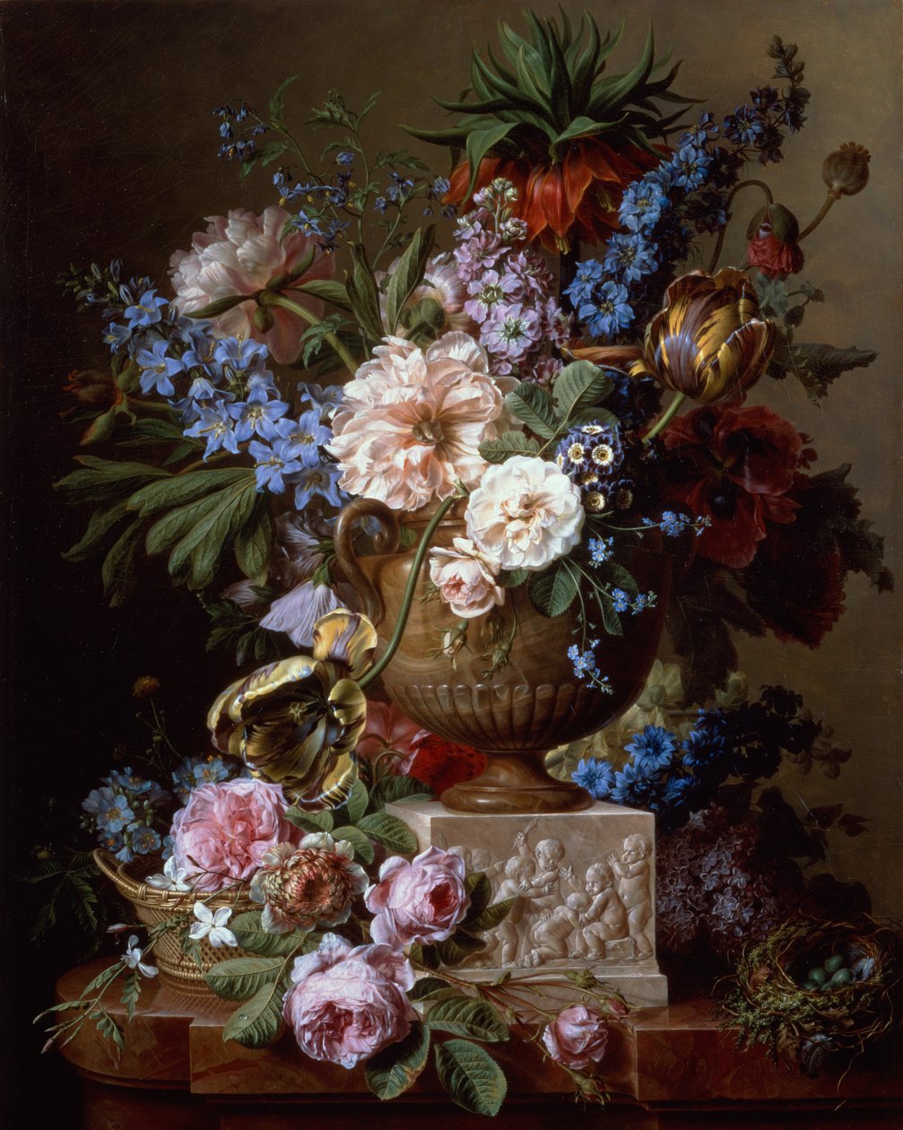 Naturaleza muerta con flores en un jarrón de piedra sobre un pedestal (óleo sobre lienzo) de Gerard van Spaendonck