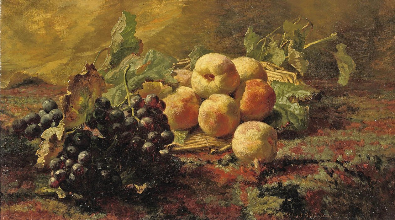 Uvas azules y melocotones en una cesta de mimbre de Gerardina Jacoba van de Sande Bakhuyzen