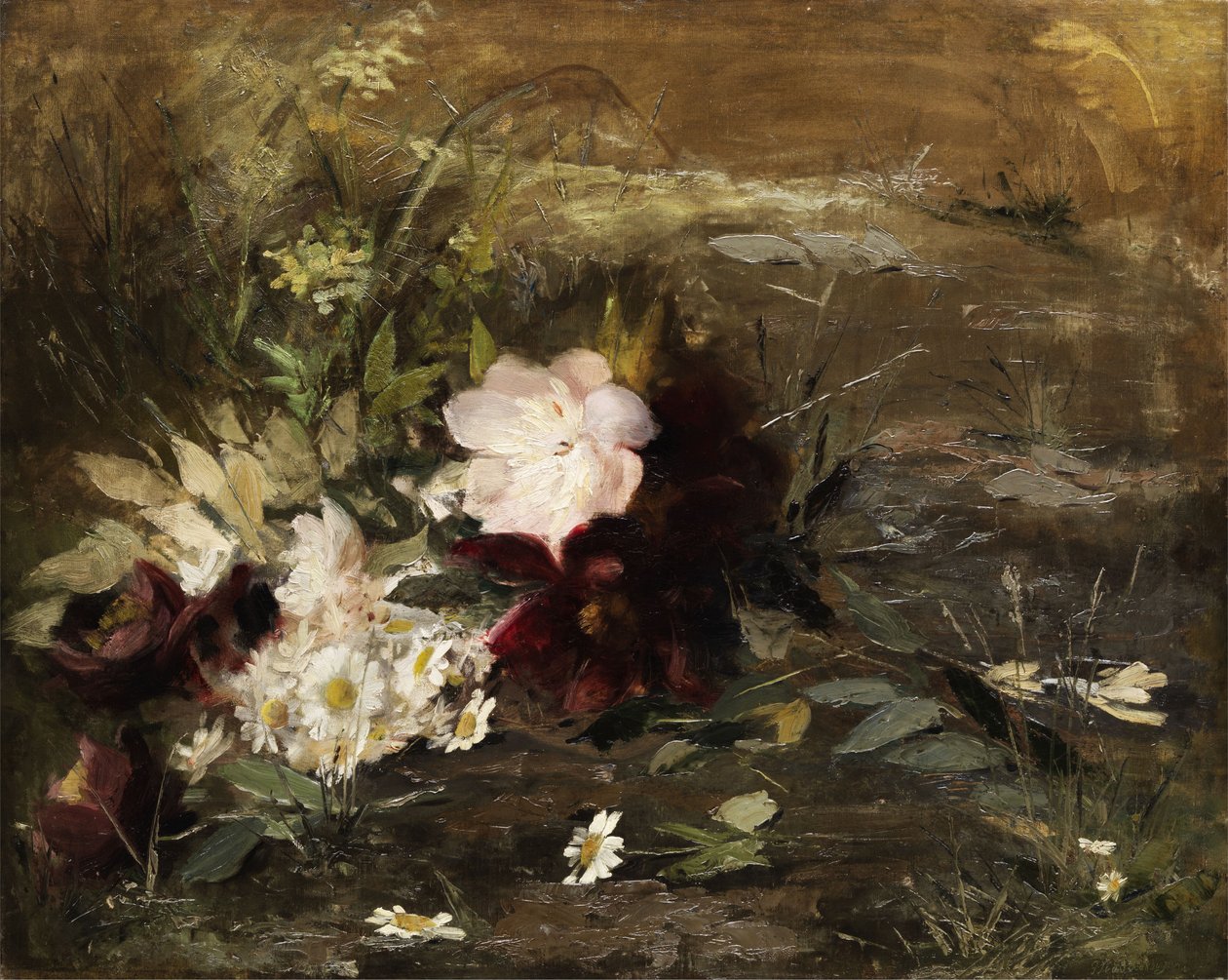 Holandés: Seerosen flores y margaritas en la orilla de Gerardina Jacoba van de Sande Bakhuyzen