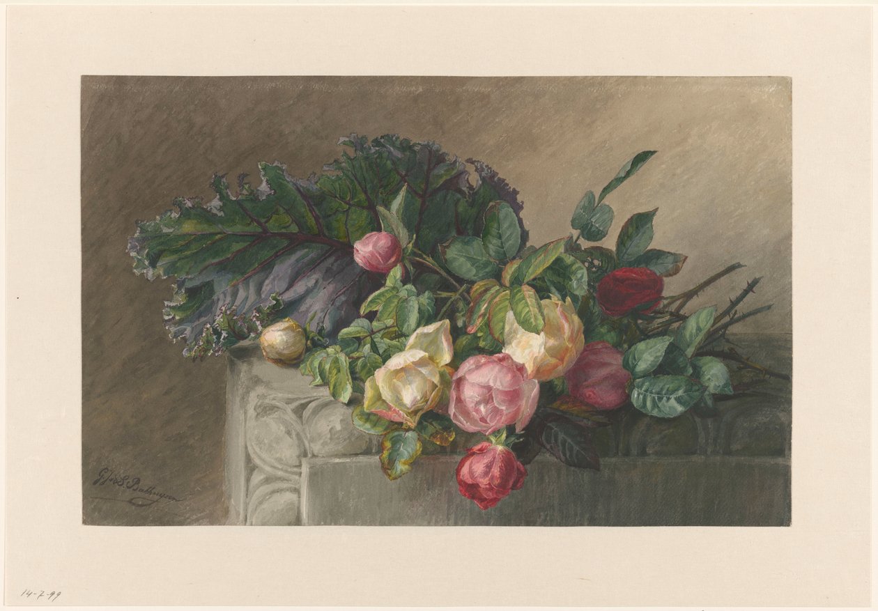 Bodegón con rosas y hoja de col de Gerardina Jacoba van de Sande Bakhuyzen