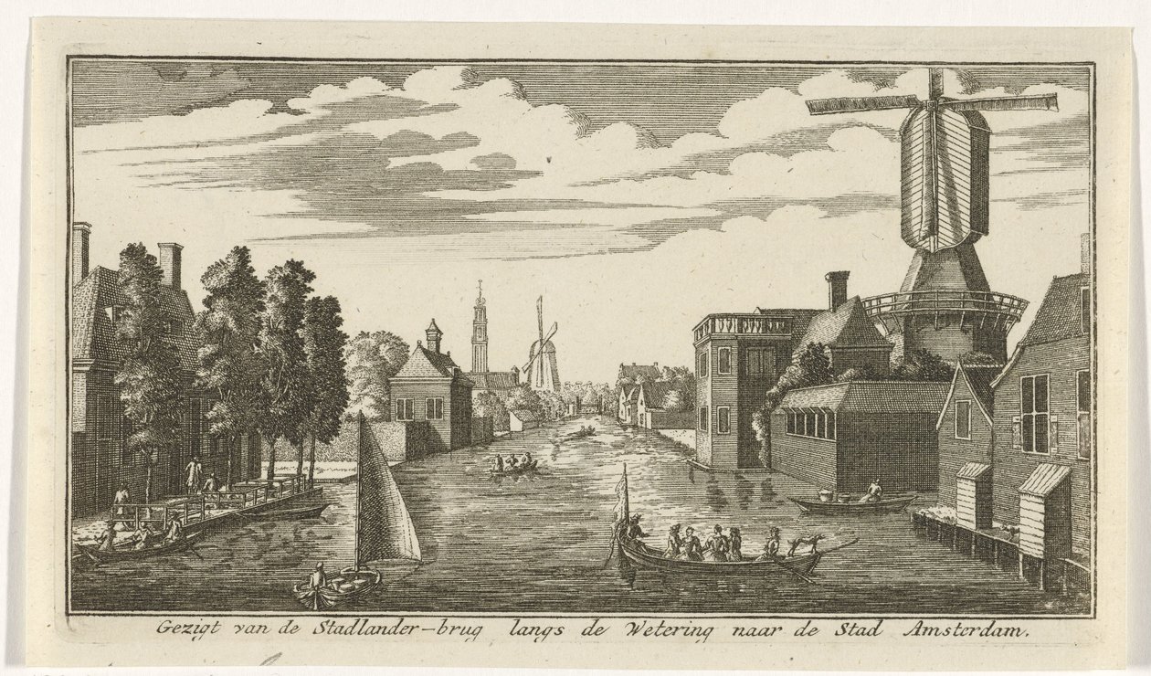 Ver a lo largo del wetering en Amsterdam Vista desde el puente Stadlander a lo largo de Wetering hasta la ciudad de Ámsterdam (título sobre el objeto) de Gerardus Condet