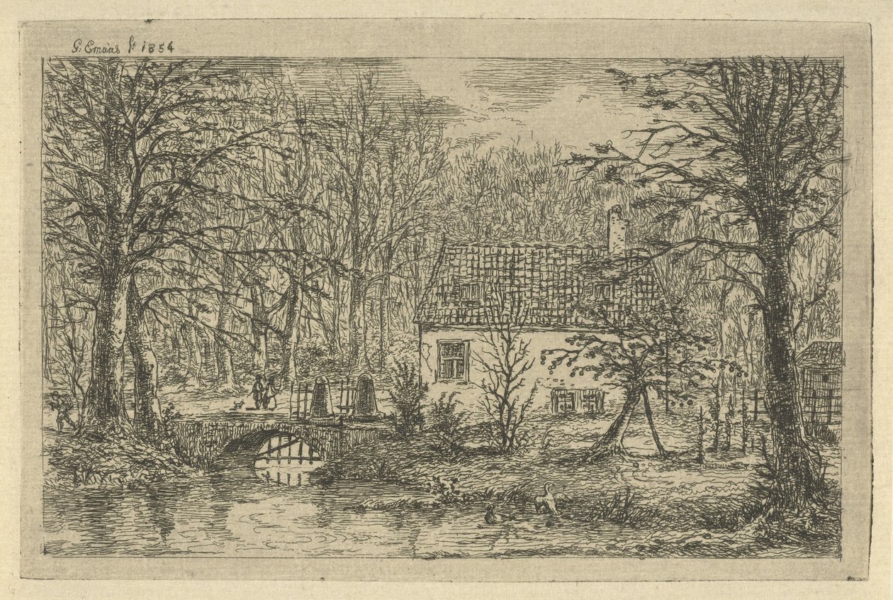 Casa con puente sobre zanja La casa del cazador en Haagsche Bosch de Gerardus Emaus de Micault