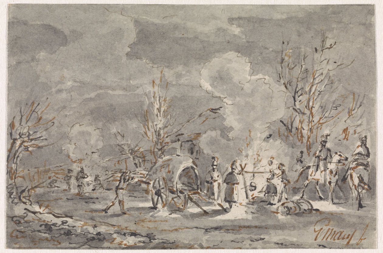 Campamento del ejército con soldados alrededor de una hoguera de Gerardus Emaus de Micault