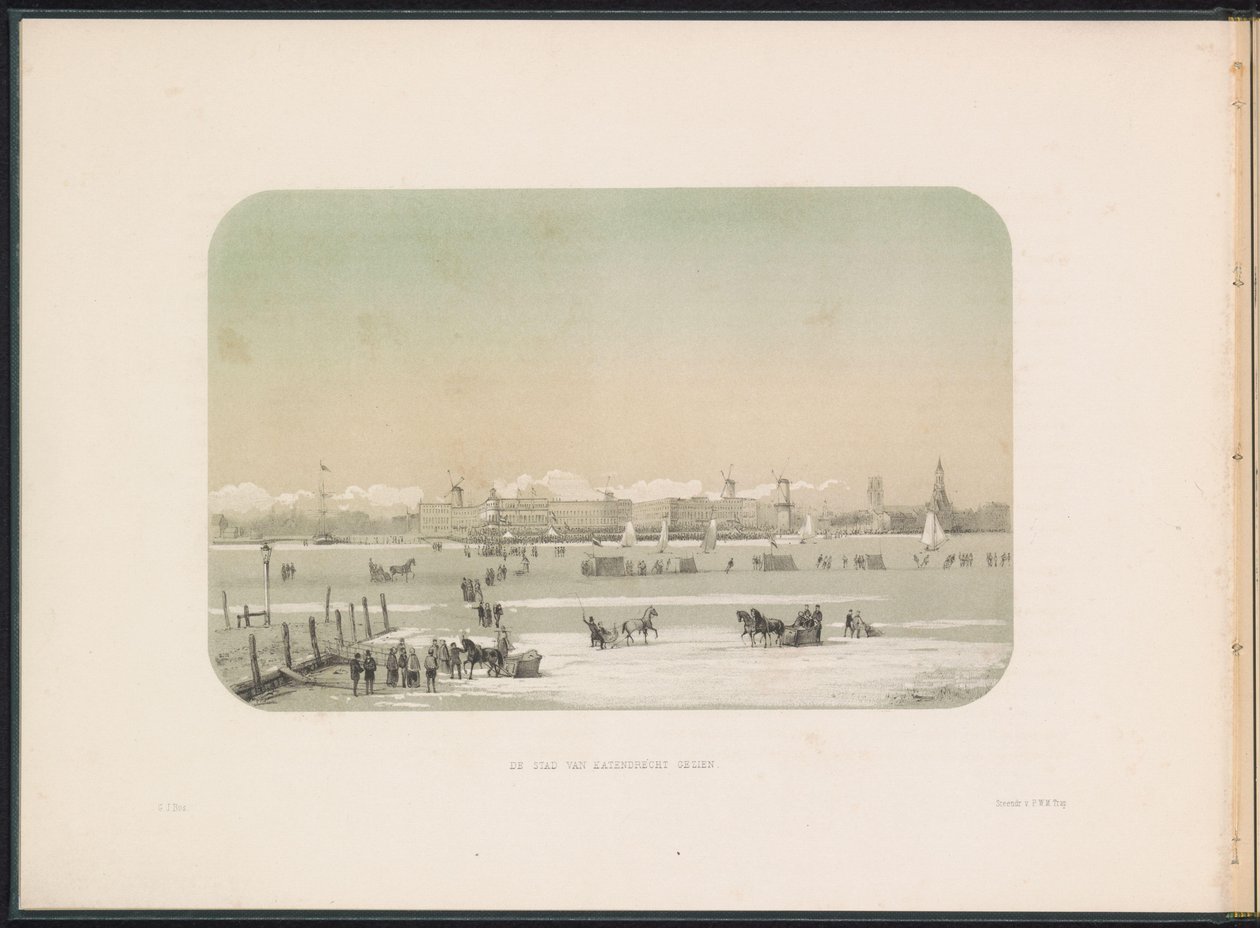 Entretenimiento sobre hielo en el Maas en Rotterdam, visto desde Katendrecht, 1855 La ciudad de Katendrecht vista (título sobre objeto) El entretenimiento sobre hielo en el Maas en Rotterdam en febrero de 1855, con subtítulos (título de la serie en el obje de Gerardus Johannes Bos