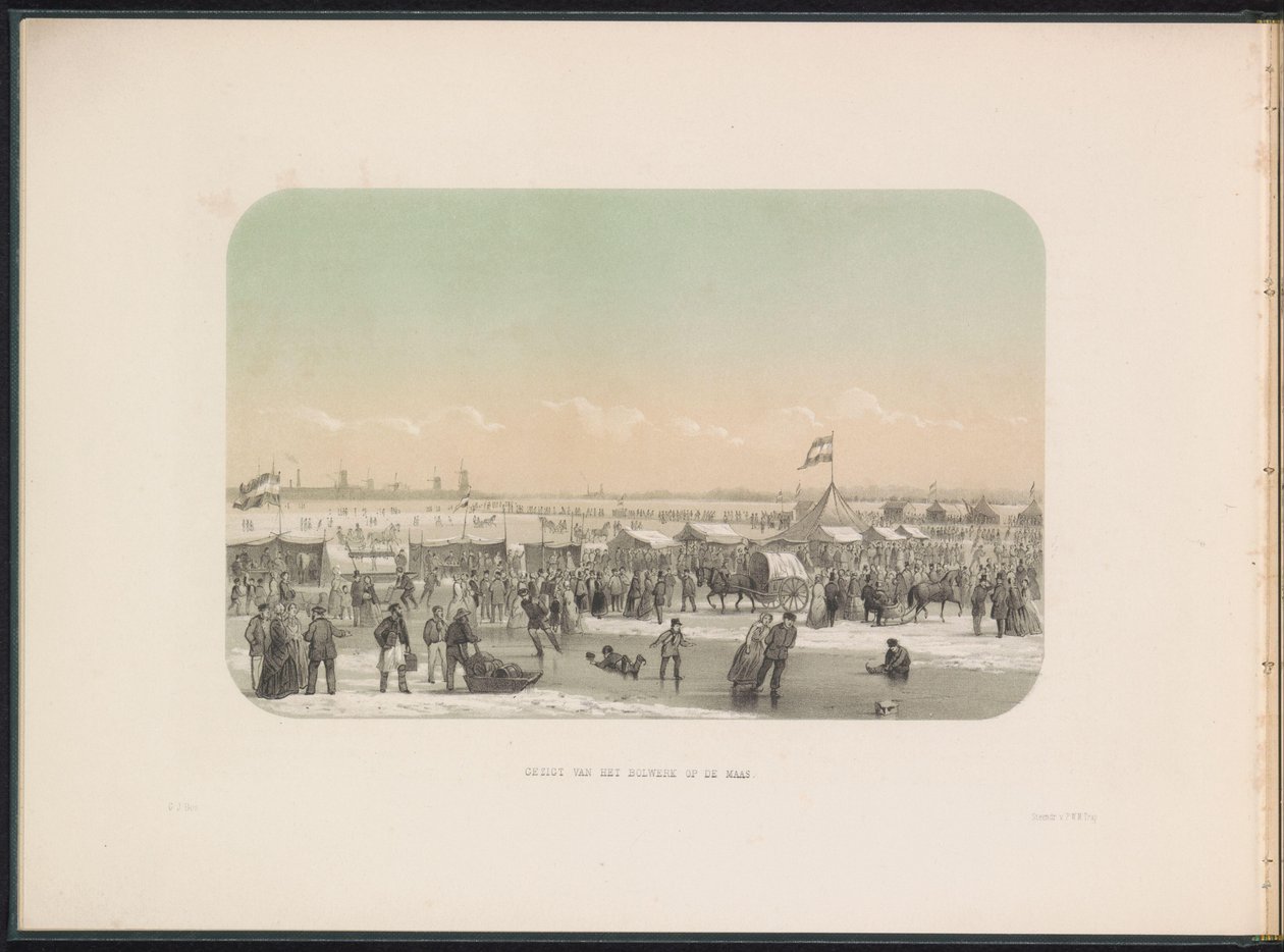 Entretenimiento sobre hielo en el Maas en Rotterdam, visto desde la fortaleza, 1855 Vista de la fortaleza de Maas (título sobre el objeto) El entretenimiento sobre hielo en el Maas en Rotterdam en febrero de 1855, con subtítulos (título de la serie en el o de Gerardus Johannes Bos