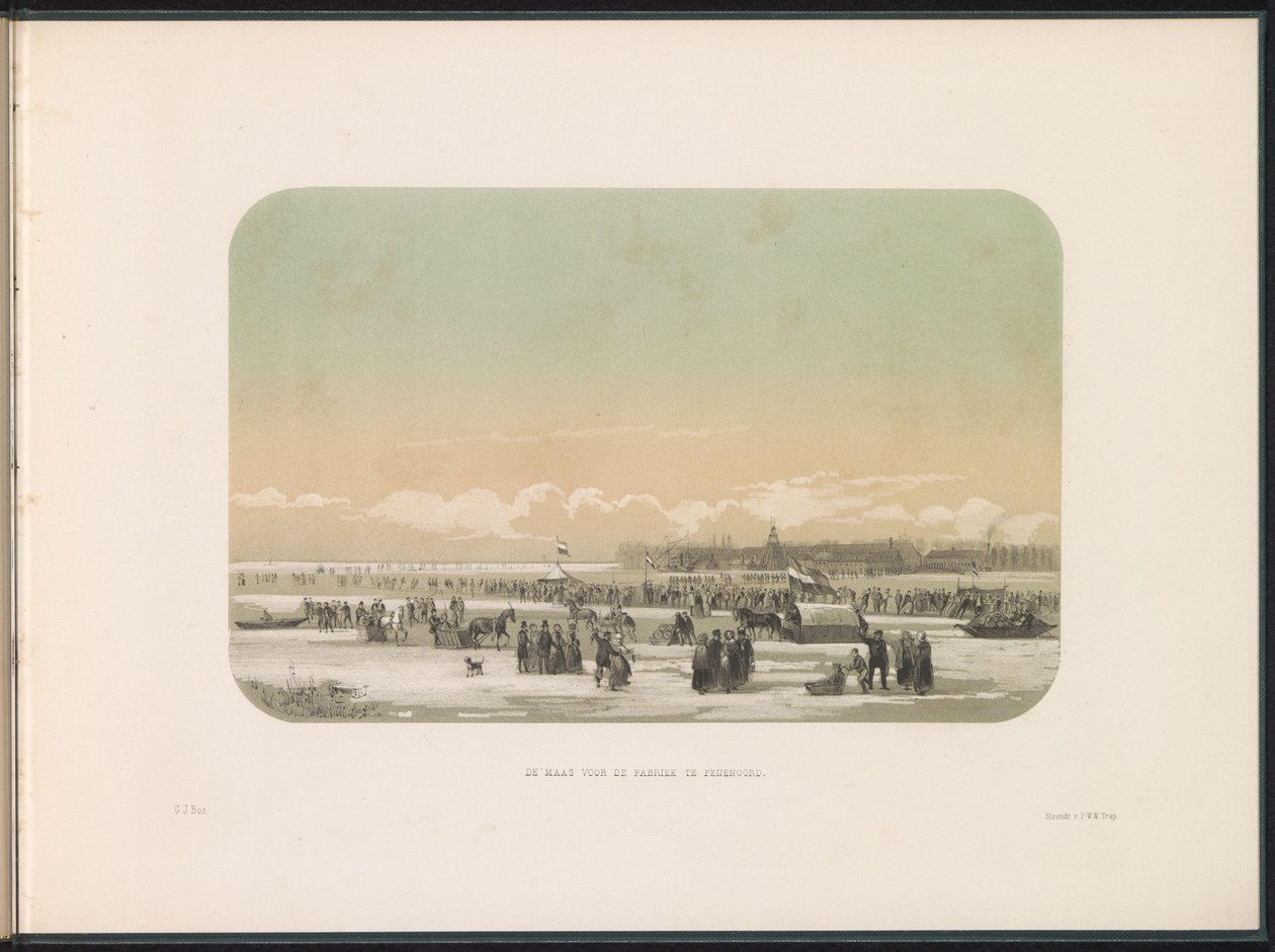 Entretenimiento sobre hielo en el Maas en Rotterdam, en la distancia la fábrica en Feijenoord, 1855 El Maas frente a la fábrica en Feijenoord (título sobre objeto) El entretenimiento sobre hielo en el Maas en Rotterdam en febrero de 1855, con subtítulos (t de Gerardus Johannes Bos