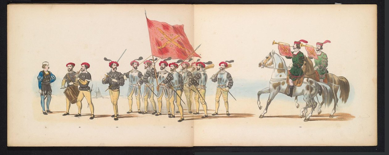 Mascarada de los estudiantes de Leiden, 1855 (lámina 12) Procesión de disfraces realizada por los miembros del cuerpo de estudiantes de Leiden el 12 de junio de 1855, en celebración del 280 aniversario de la Leidsche Hoogeschool, que representa la entrada  de Gerardus Johannes Bos