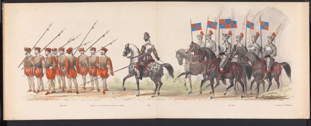 Mascarada de los estudiantes de Leiden, 1870 (lámina 18) Procesión de disfraces realizada por los miembros del cuerpo de estudiantes de Leiden el 7 de junio de 1870, en celebración del 295 aniversario de la Leidsche Hoogeschool, que representa una visita a de Gerardus Johannes Bos