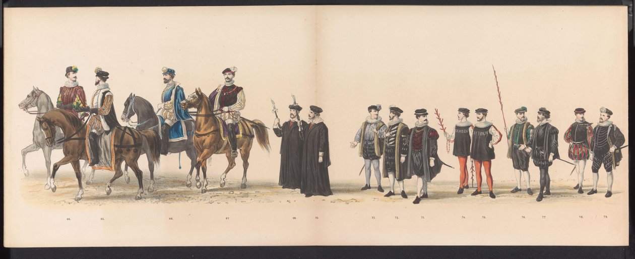 Mascarada de los estudiantes de Leiden, 1870 (lámina 6) Procesión de disfraces realizada por los miembros del cuerpo de estudiantes de Leiden el 7 de junio de 1870, en celebración del 295 aniversario de la Leidsche Hoogeschool, que representa una visita a  de Gerardus Johannes Bos