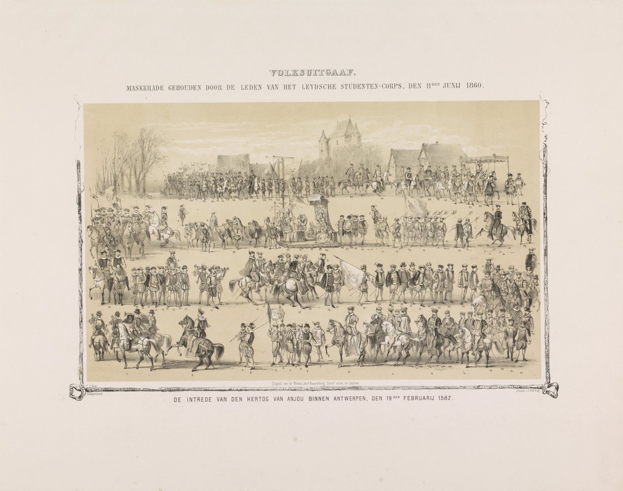 edición pública. Mascarada celebrada por los miembros del Leydsche Studenten-Corps, 11 de junio de 1860. La entrada del duque de Anjou en Amberes, 19 de febrero de 1582. (título sobre el objeto) de Gerardus Johannes Bos