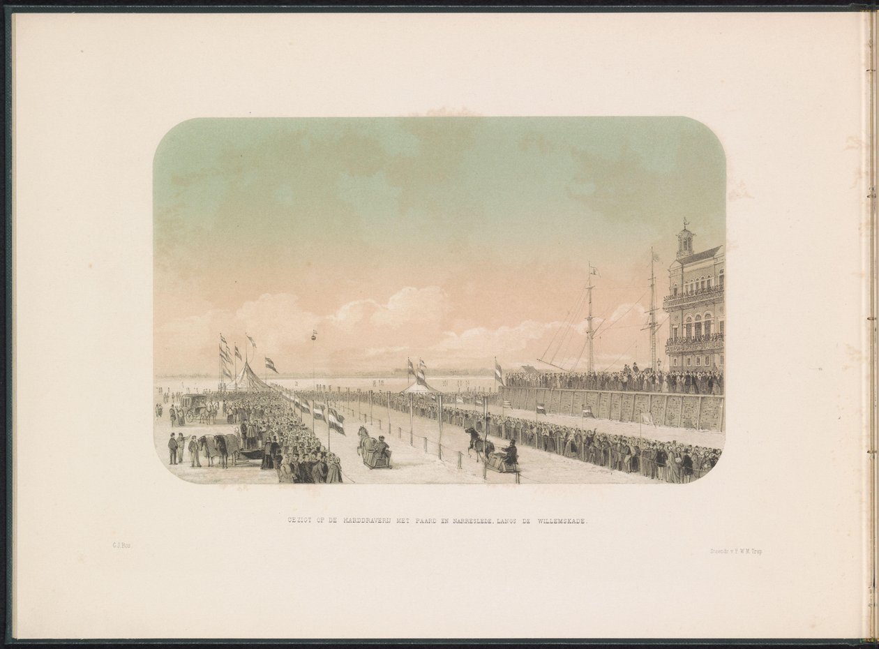 Carrera de carruajes tirados por caballos en el Maas en Rotterdam, 1855 Vista de las carreras de trotones con trineos tirados por caballos y bufones, a lo largo del Willemskade (título sobre el objeto) El entretenimiento sobre hielo en el Maas en Rotterdam de Gerardus Johannes Bos