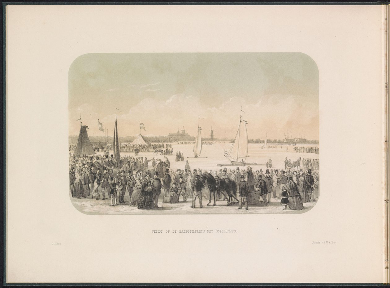 Concurso de yates de vela sobre hielo en el Maas en Rotterdam, 1855 Vista de la partida de hardsail con botes de hielo (título sobre el objeto) El entretenimiento sobre hielo en el Maas en Rotterdam en febrero de 1855, con subtítulos (título de la serie en de Gerardus Johannes Bos