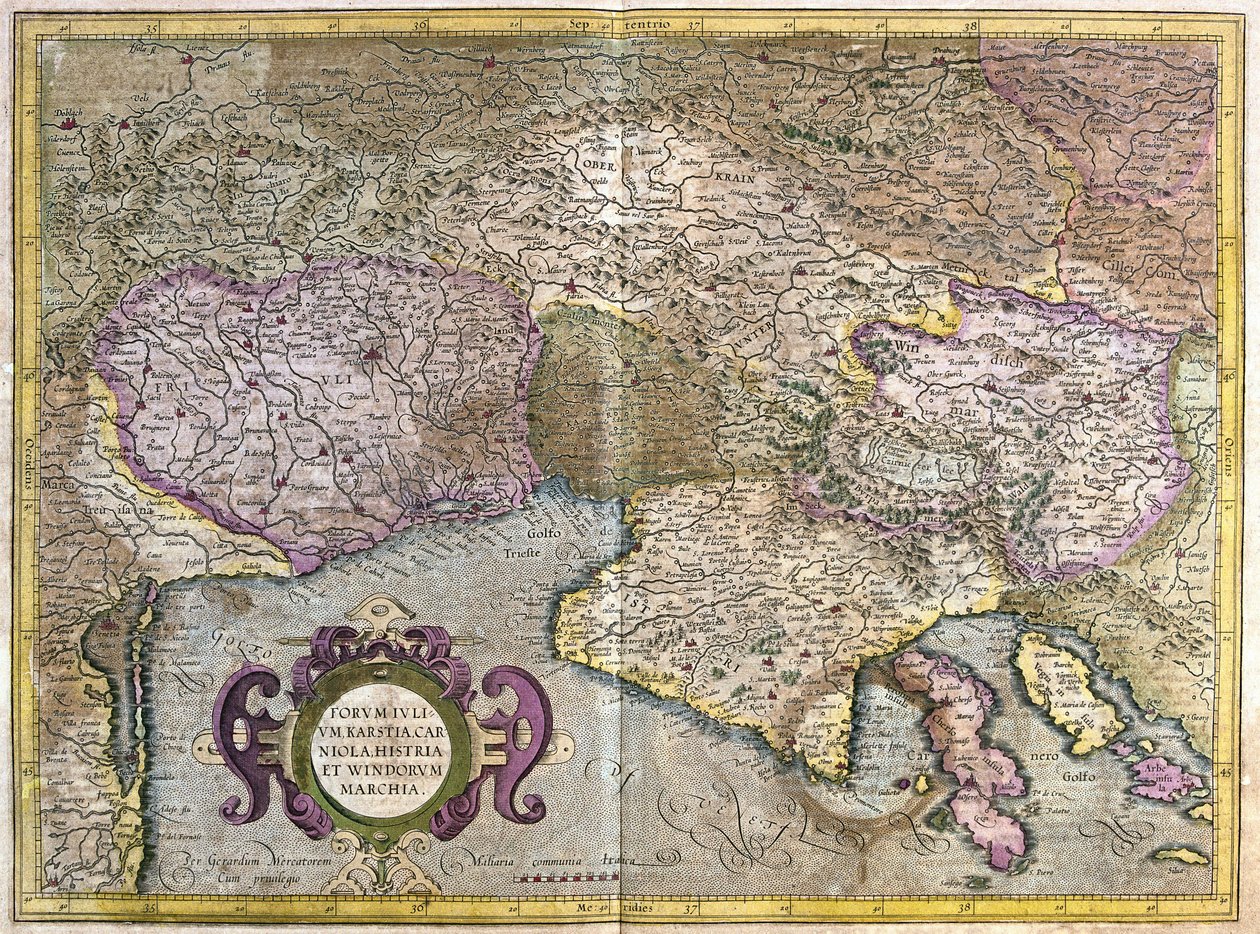 Friuli, Italia - Eslovenia (Istria) con el Golfo de Trieste y los Balcanes (grabado) de Gerardus Mercator