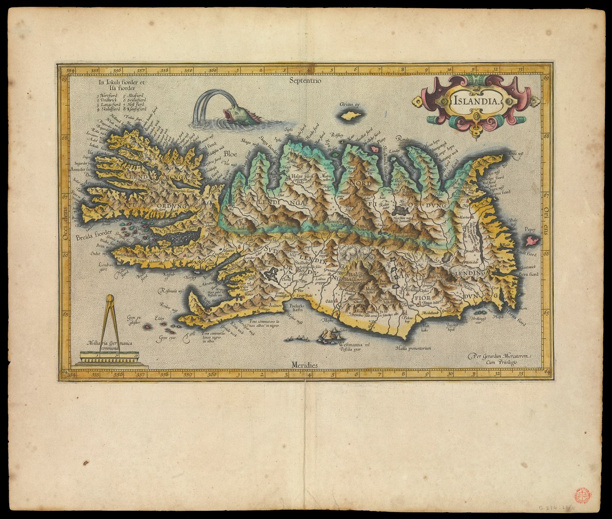 Islandia, Per Gerardum Mercatorem cum privilegio, c.1595 (tinta, acuarela, grabado, papel) de Gerardus Mercator