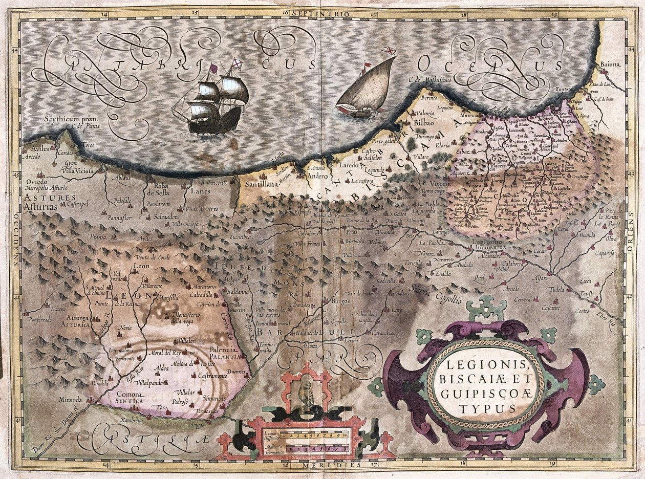 Oviedo, Burgos, Bilbao, Bayona (Asturias), España (grabado) de Gerardus Mercator