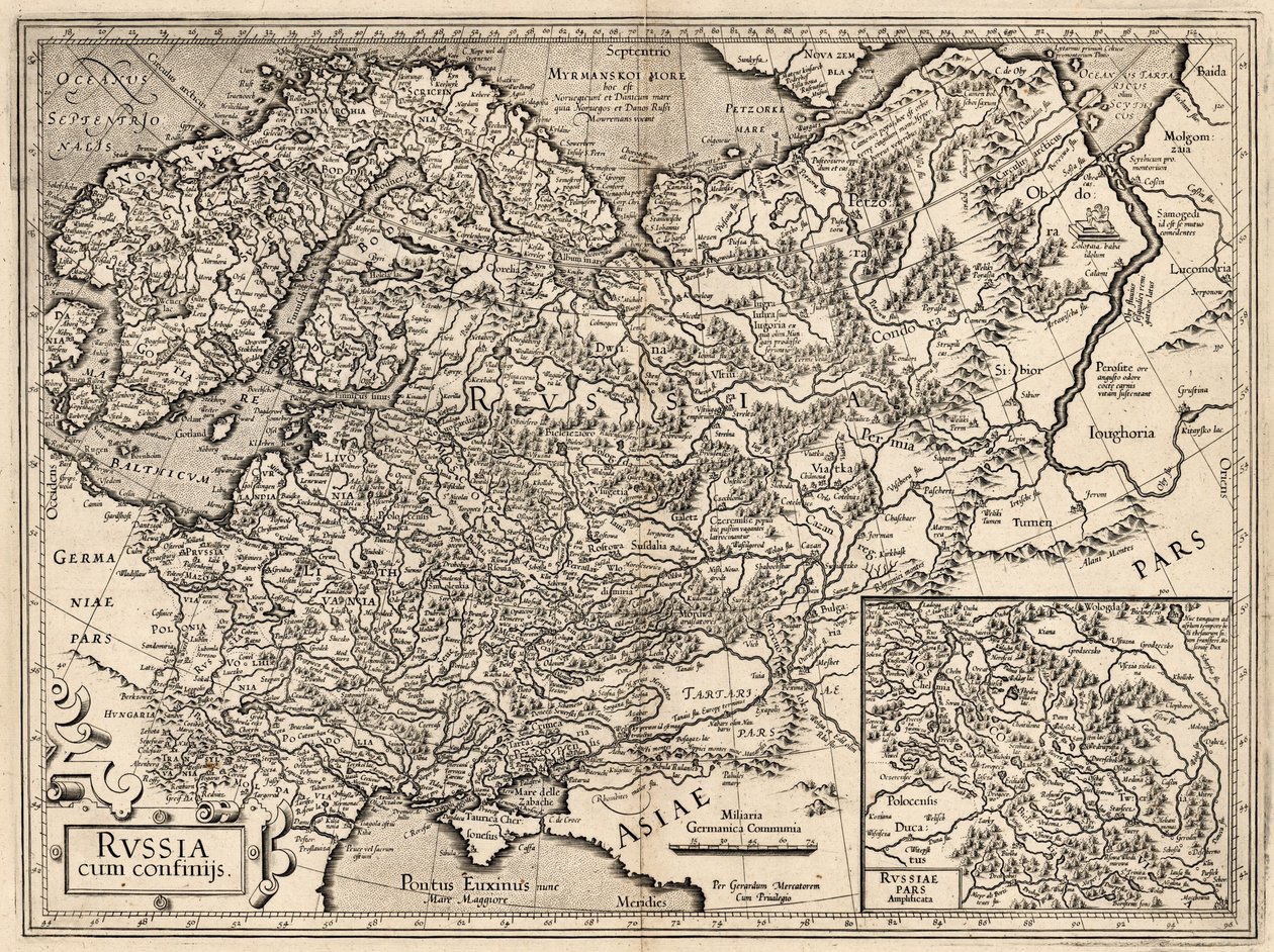 Russia cum Confinijs. Mapa de Rusia, 1587 de Gerardus Mercator