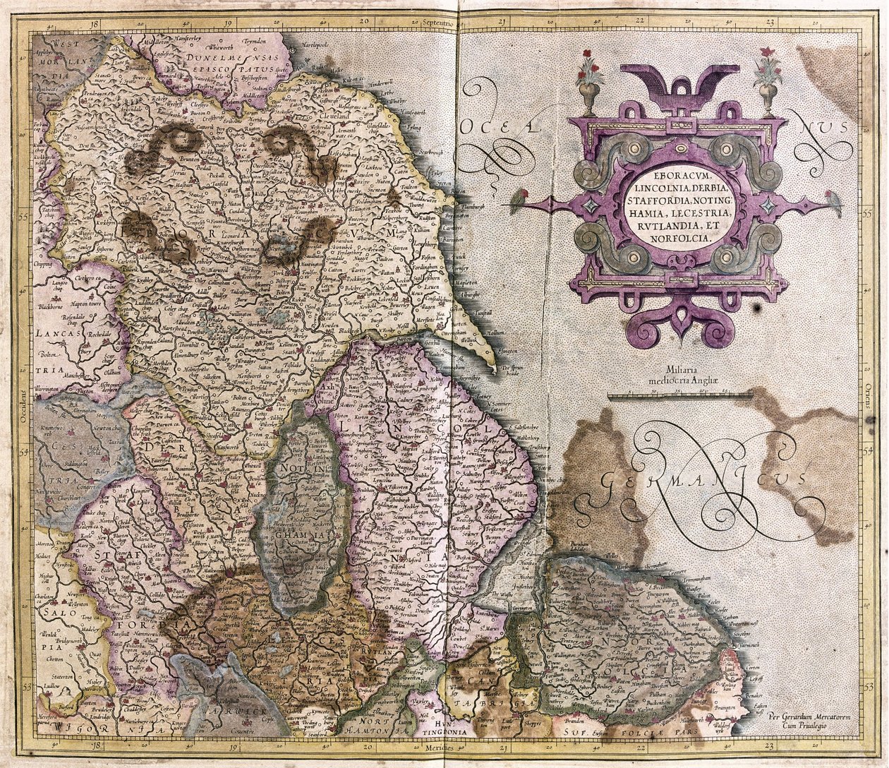 Yorkshire, Lincolnshire, Staffordshire, Nottinghamshire, Leicestershire, Rutland y Norfolk, Gran Bretaña de Gerardus Mercator