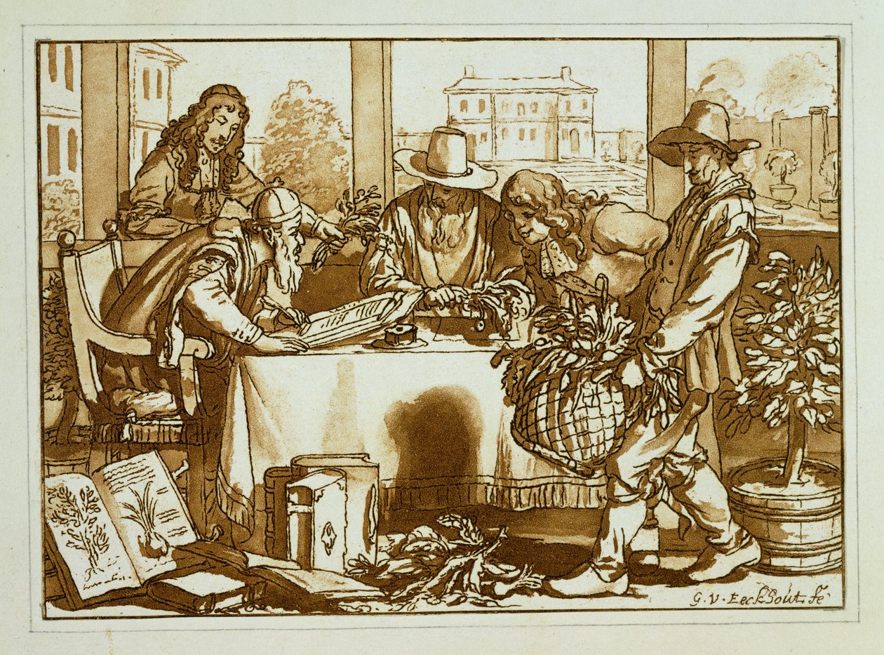 Botánicos examinando plantas de Gerbrand van den Eeckhout