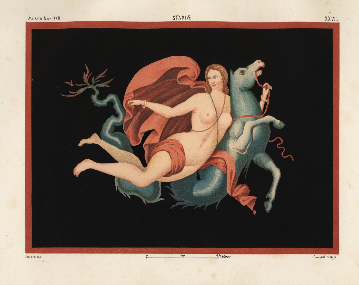 Una nereida (ninfa marina) con manto y brazaletes cabalgando sobre un monstruo marino o hipocampo, mitad caballo y mitad pez. Museo Naz. XXII, Stabiae. Dibujado y cromolitografiado por Victor Steeger a partir de Emile Presuhn (1844-1878) Las más bellas pin de Geremia Discanno