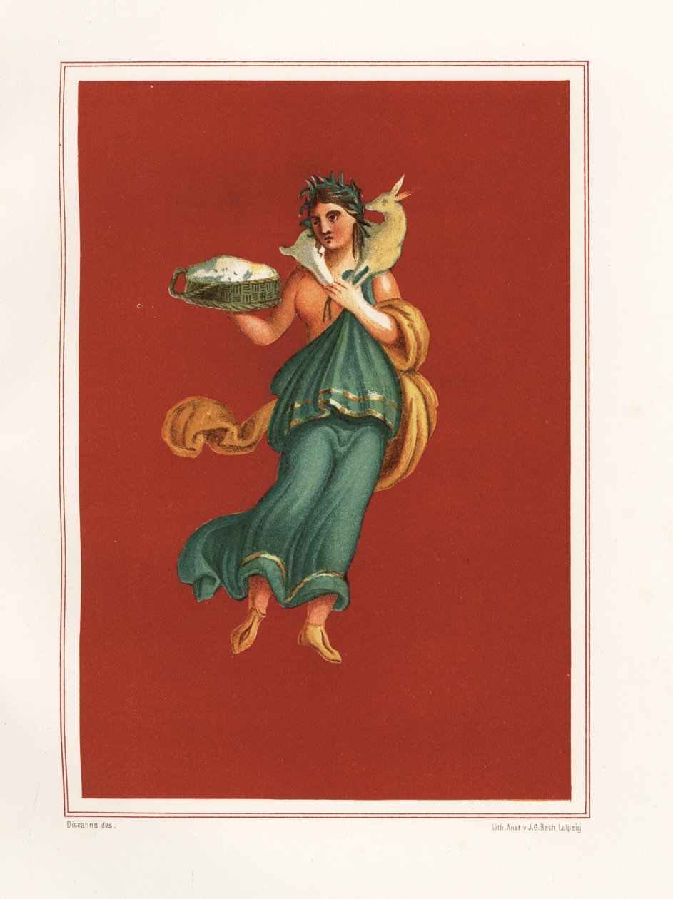 Pintura mural alegórica de la Primavera del lado oeste del atrio del Regio IX.V.11. Sostiene una cesta de queso y lleva un cordero sobre los hombros. Cromolitografía de J. G. Bach a partir de una ilustración de Geremia Discanno de Emile Presuhn (1844-1878) de Geremia Discanno