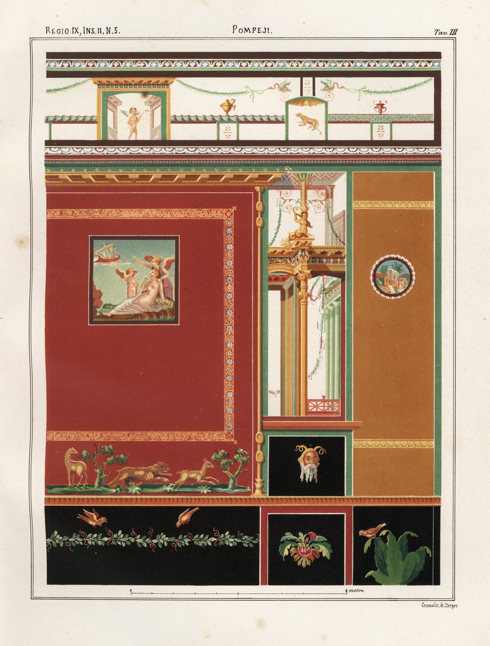 Ariadna observa la salida de la barca de Teseo de la isla de Naxos. Mural de un triclinio en una tienda/vivienda en Regio IX.II.5, Pompeya. Cromolitografía de Victor Steeger a partir de una ilustración de Geremia Discanno de Emile Presuhn (1844-1878) The M de Geremia Discanno