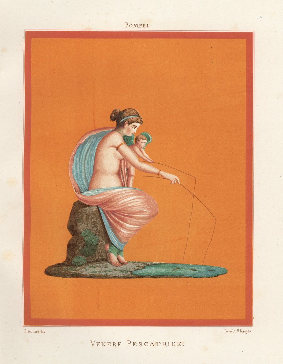Mural de Venus y Cupido pescando con cañas en un estanque. Se encuentra en Regio V.V.3, la Casa de los Gladiadores. Cromolitografía de Victor Steeger a partir de una ilustración de Geremia Discanno de Emile Presuhn (1844-1878) Las pinturas más bellas de Po de Geremia Discanno