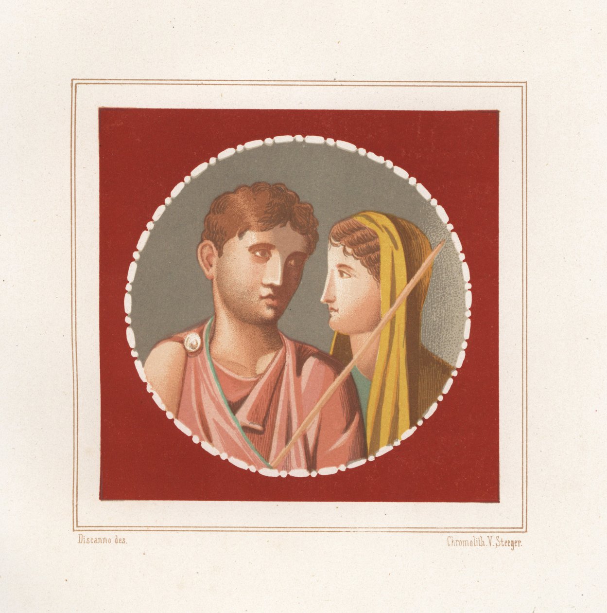Retrato de un hombre y una mujer de una casa no identificada de Pompeya. Cromolitografía de Victor Steeger a partir de una ilustración de Geremia Discanno de Emile Presuhn (1844-1878) Las más bellas pinturas de Pompeya, Leipzig. de Geremia Discanno