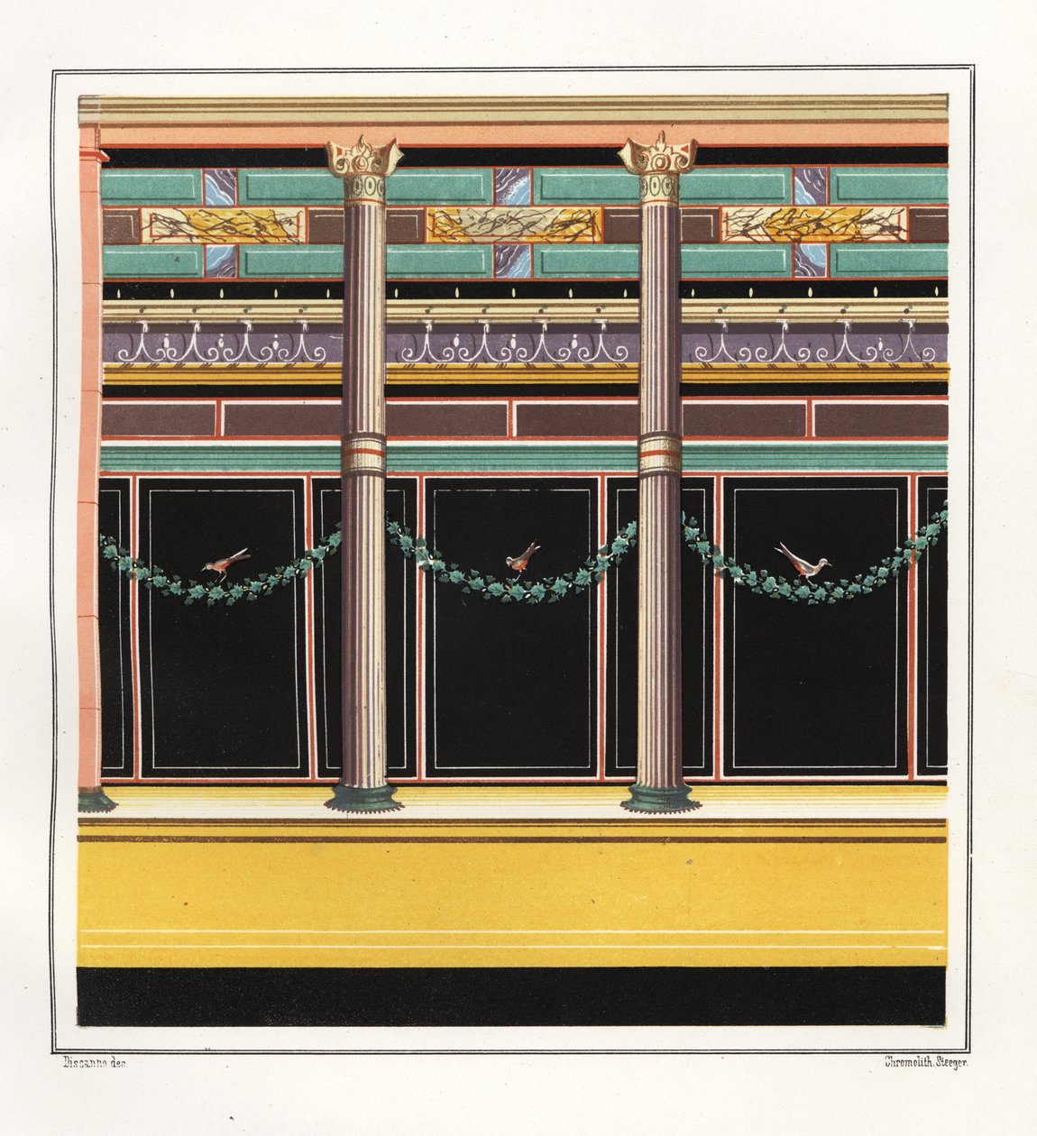 Pintura mural de una habitación de la Casa de los Epigramas. V, Ins. 1, nº 18. Cromolitografía de Victor Steeger a partir de una ilustración de Geremia Discanno de Emile Presuhn (1844-1878) Las más bellas pinturas de Pompeya, Leipzig. de Geremia Discanno