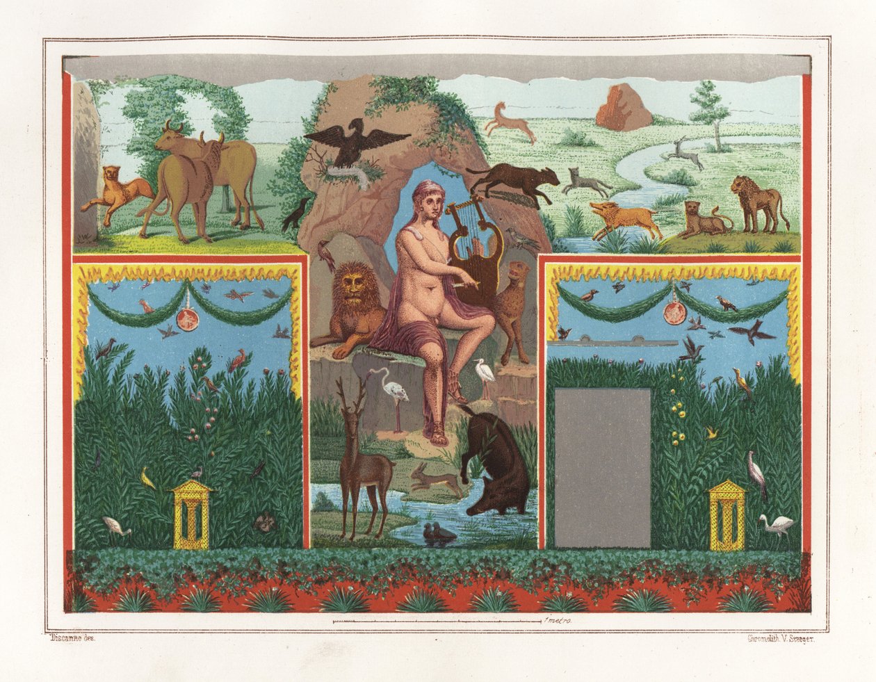 Pintura mural de Orfeo con lira procedente del viridarium (jardín) de la casa del batanero Vesonio Primus. Está rodeado de animales como un león, un puma, un jabalí, un ciervo, un conejo y un flamenco azul. Cromolitografía de Victor Steeger a partir de una de Geremia Discanno