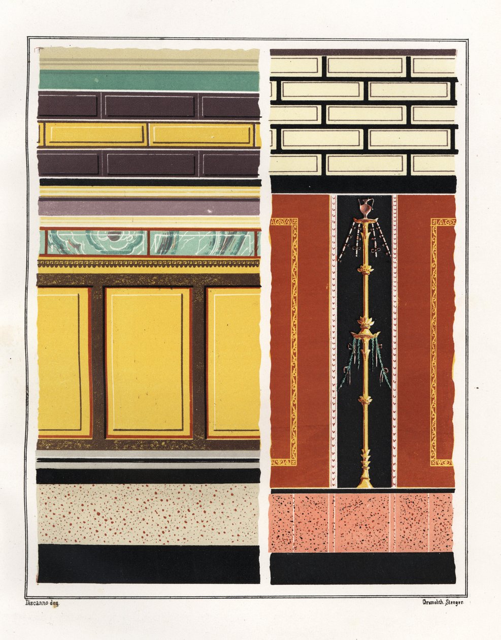 Pinturas murales de las habitaciones de la Casa de los Epigramas. V, Ins. 1, nº 18. A la izquierda, mural de un atrio, y a la derecha, mural de una antecámara. Cromolitografía de Victor Steeger a partir de una ilustración de Geremia Discanno de Emile Presu de Geremia Discanno