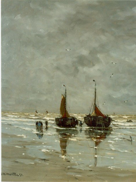 Árboles y pescadores en la playa de Gerhard Morgenstjerne Munthe