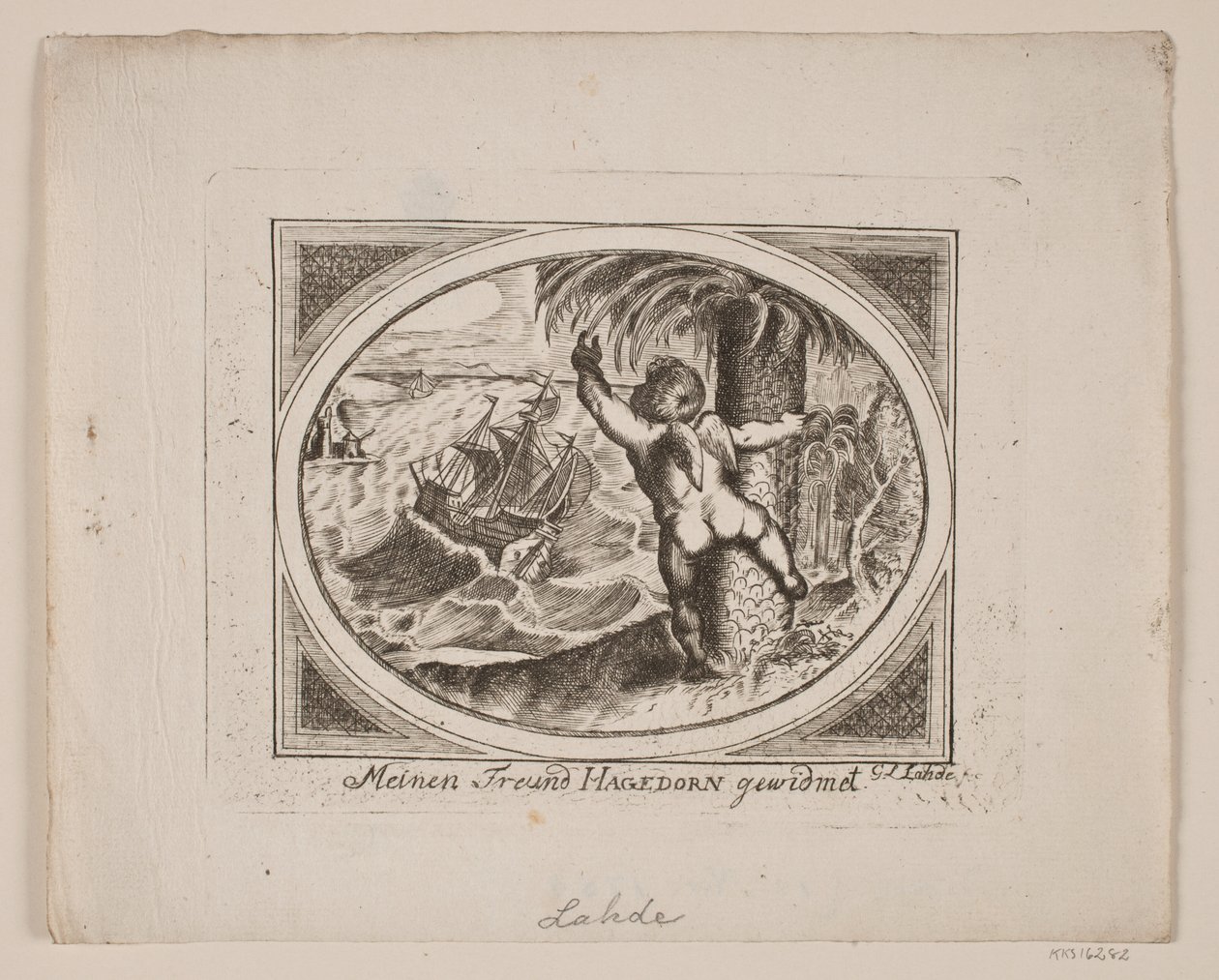 Amor junto a una palmera, señalando sobre un mar agitado de Gerhard Ludvig Lahde