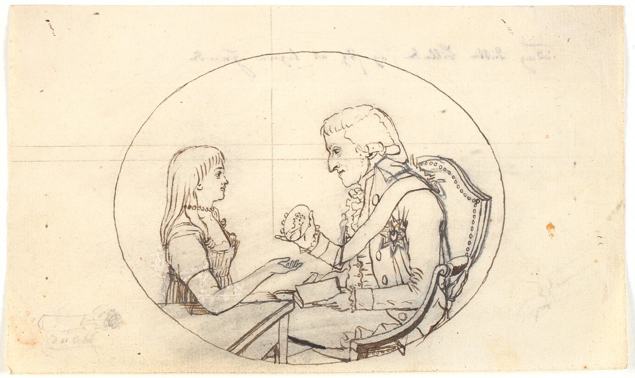 El príncipe heredero Frederik con el príncipe heredero (Chr. VIII) mostrando un retrato de la fallecida princesa heredera Sofie Frederikke de Gerhard Ludvig Lahde