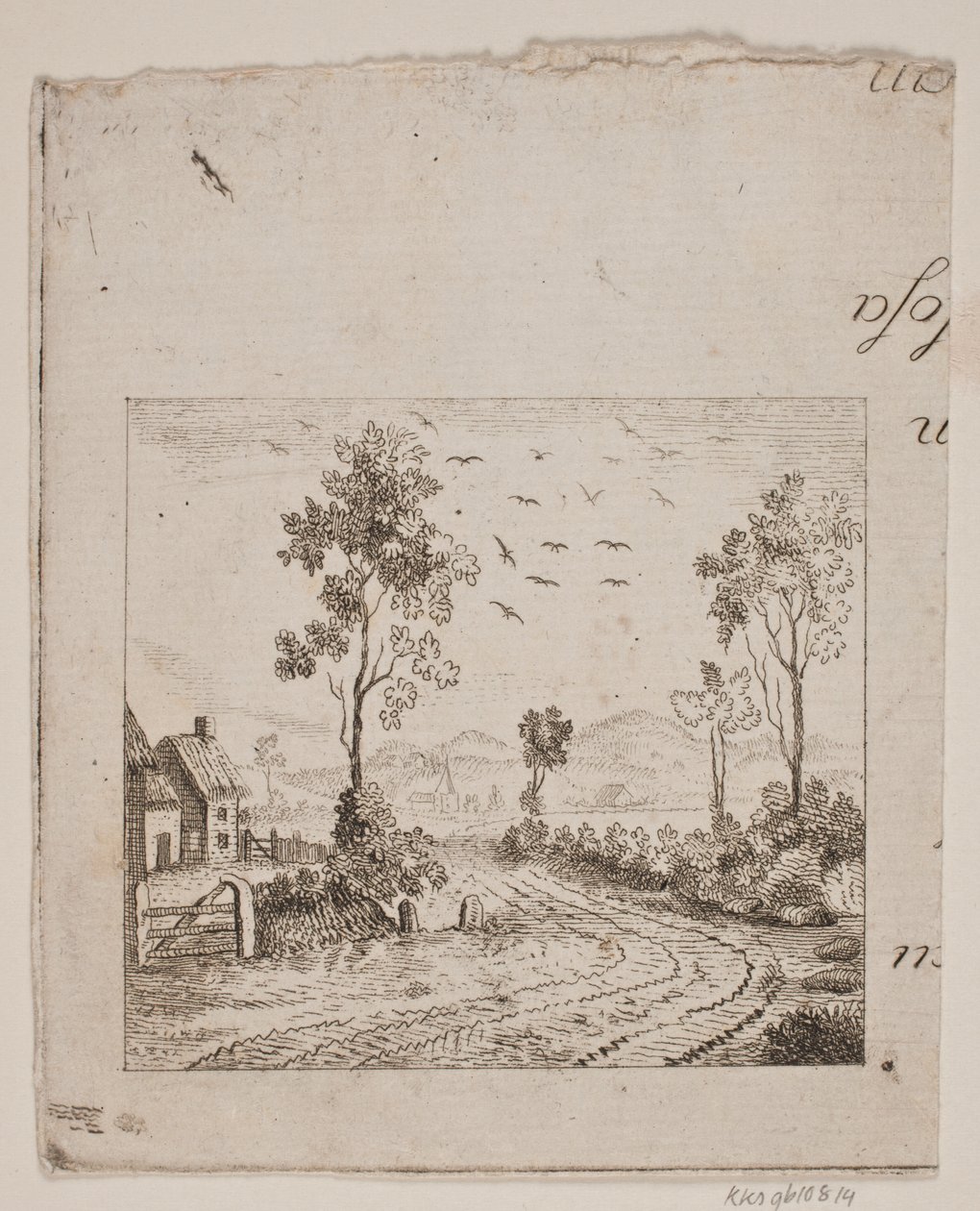Paisaje con casa junto a un camino con árbol y pájaros volando de Gerhard Ludvig Lahde