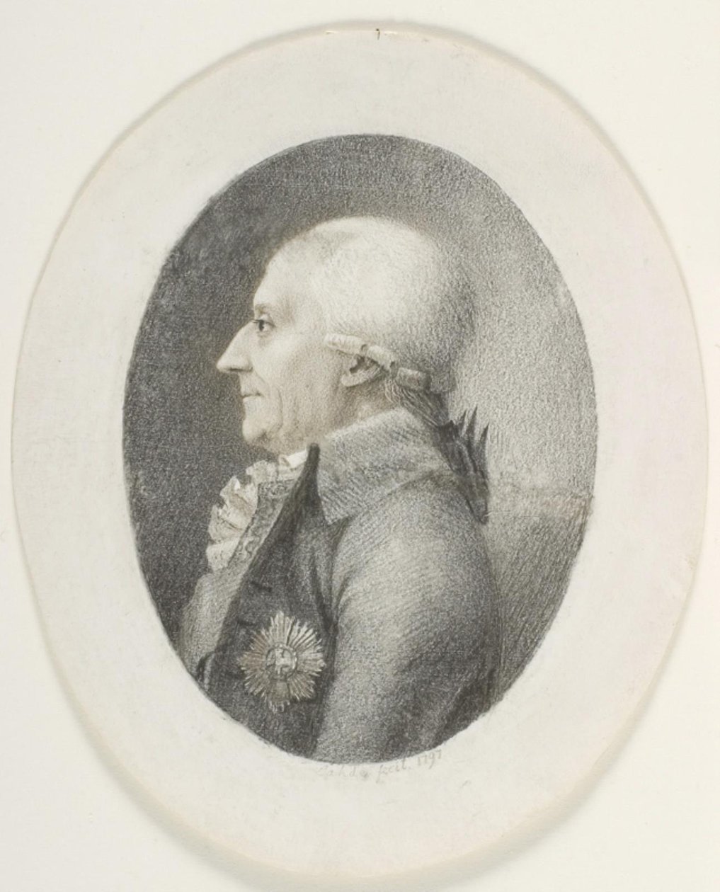 Retrato de A.P. Bernstorff, conde, primer ministro (1735-1797). Retrato de busto. Perfil a la izquierda de Gerhard Ludvig Lahde