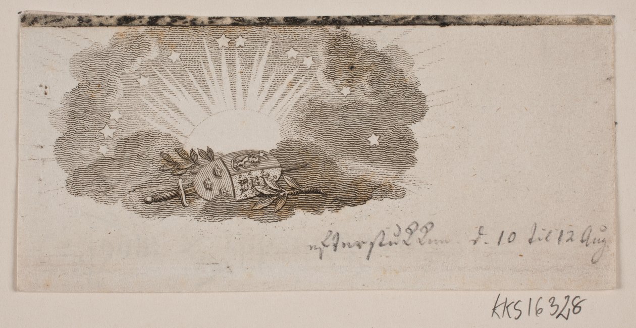 Viñeta con los escudos de las tres naciones nórdicas en nubes frente al sol de Gerhard Ludvig Lahde