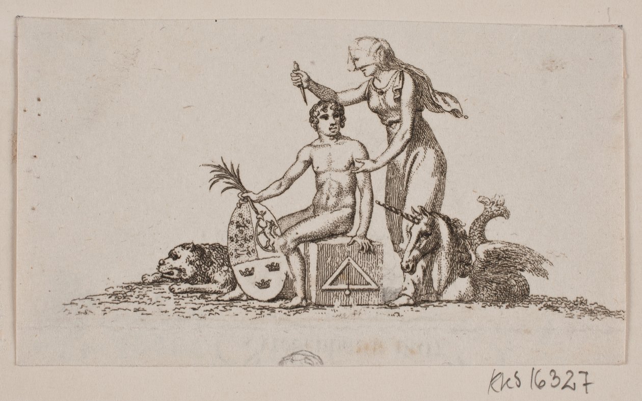 Viñeta con mujer, joven sentado y unicornio de Gerhard Ludvig Lahde