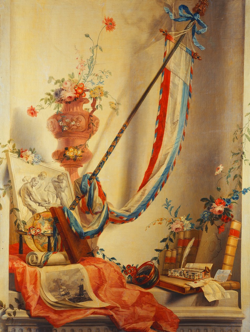Un estandarte, flores en una urna, un relieve, un globo, una impresión, una brújula, un juego de escritura, cartas y el Atlas de Blaeu en un nicho de Gerke Jans de Jager