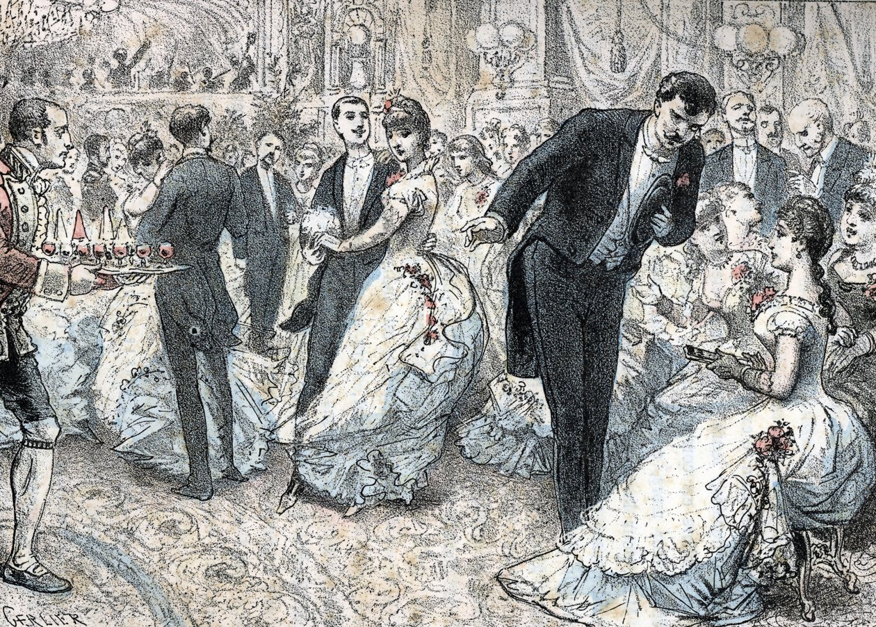 Societe et mondanites: le bal vers 1880 (Alta sociedad y vida social: el baile) grabado de "Les besoins de la vie" de Rengade de Gerlier Gerlier